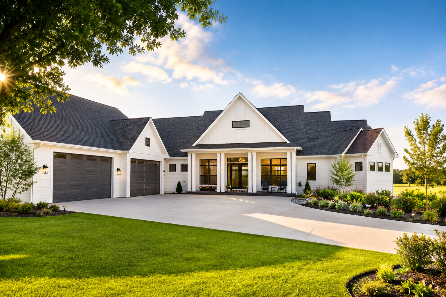 Modern white farmhouse-style home in Northeast Wisconsin at golden hour